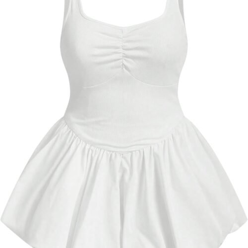 Plus-Size Sleeveless Ribbed Pleated A-Line Bubble Mini Dress
