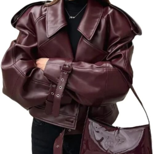 Casual Long-Sleeve Faux Leather Biker Jacket with Retro Collar
