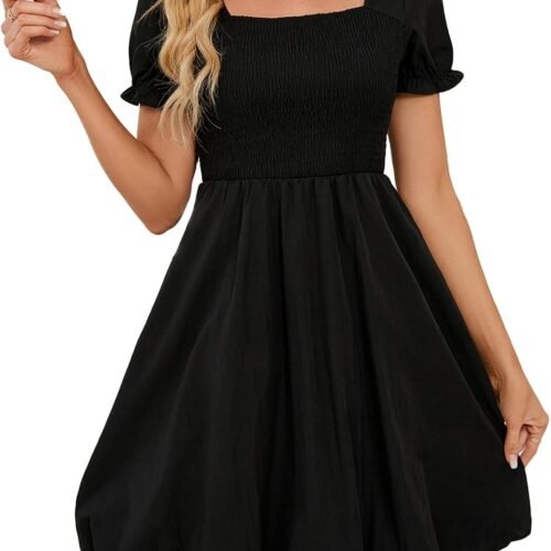 Stylish Short-Sleeve Square-Neck A-Line Tiered Bubble Mini Dress