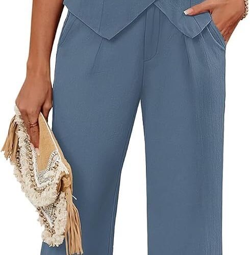 Cotton V-Neck Button-Front Vest and Wide-Leg Trousers Business Set