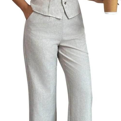 V-Neck Button-Front Vest and High-Waisted Trousers Office Set