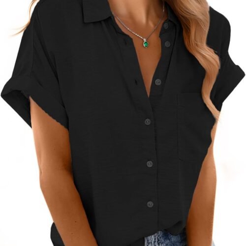 Short-Sleeve Loose V-Neck Shirt With Roll-Up Sleeves And Pocket