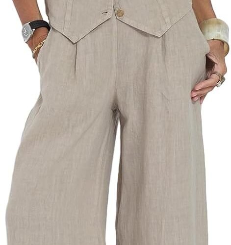 Cotton-Linen V-Neck Button-Front Vest and Wide-Leg Trousers Casual Set