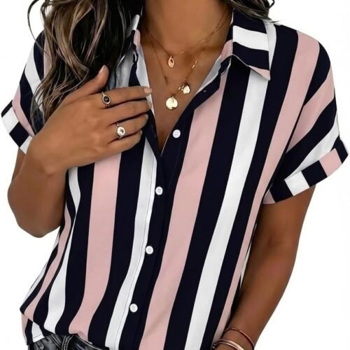 Short-Sleeve Casual V-Neck Button-Down Shirt For Spring/Summer
