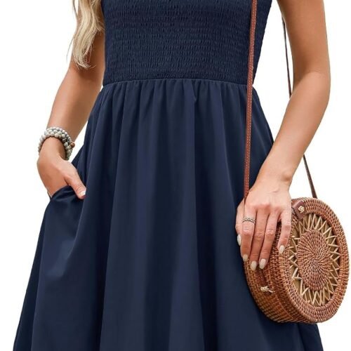 Smocked Pleated Spaghetti-Strap Bohemian Bubble Midi Dress