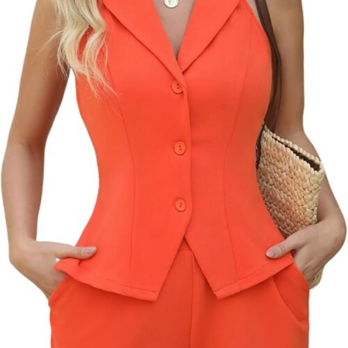 Halter-Neck Sleeveless Vest and Shorts Sexy Vacation Set