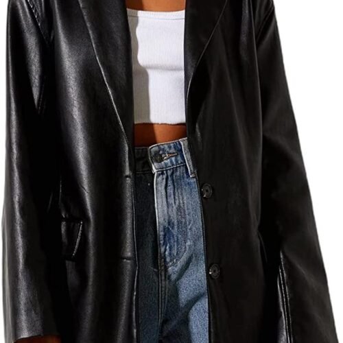 Oversized Faux Leather Blazer-Style Jacket with Lapel and Button Closure
