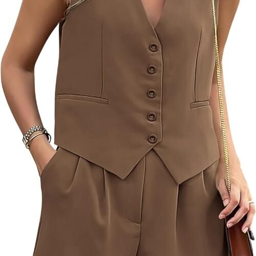 V-Neck Button-Front Sleeveless Vest and Shorts Business Commuter Set