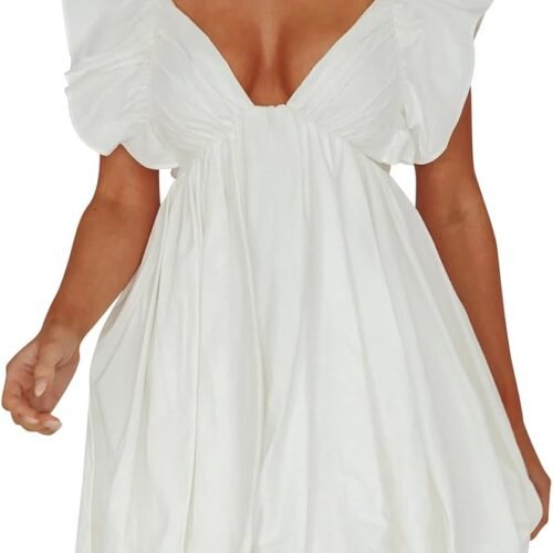 Deep V-Neck Babydoll Open-Back Lace-Up Bubble Dress