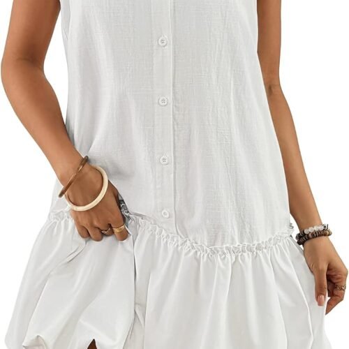 Casual Sleeveless Linen Button-Front Beach Bubble Mini Dress