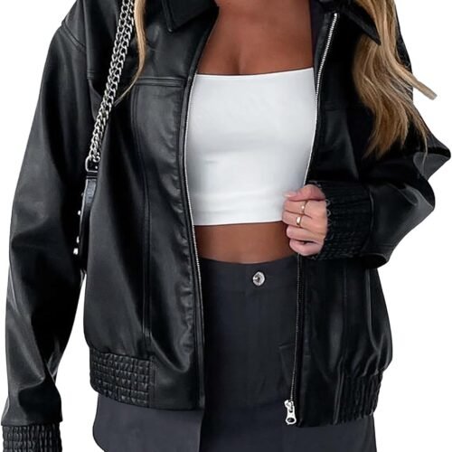Long-Sleeve Faux Leather Biker Jacket