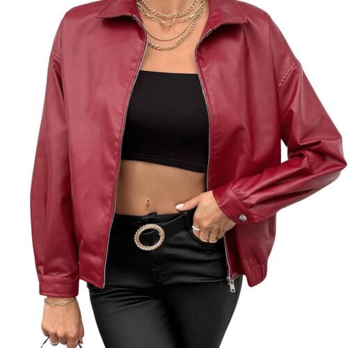Stylish Long-Sleeve Faux Leather Biker Jacket