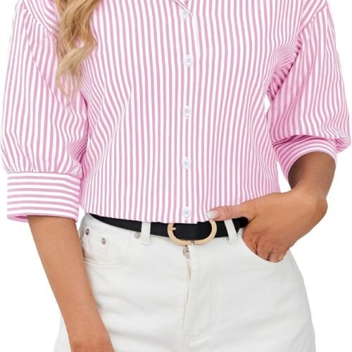 Striped 3/4-Sleeve Non-Iron Business-Casual Shirt With Collar