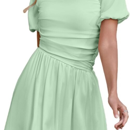 Square-Neck Puff-Sleeve Pleated Smocked Bubble Mini Dress