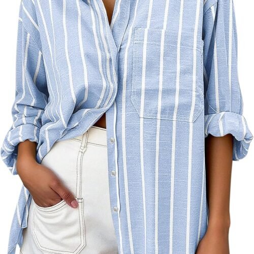 Oversized Linen Long-Sleeve Vacation Shirt With Collar And Pocket
