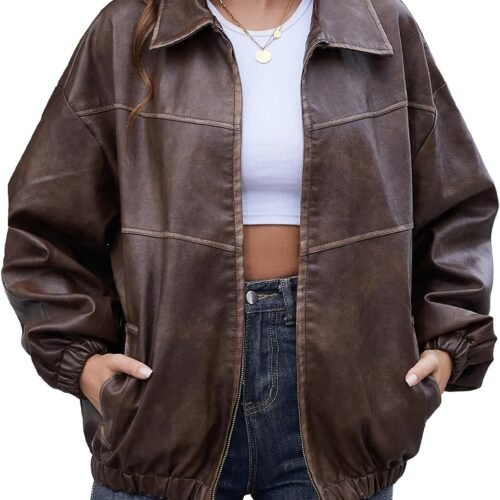 Retro Y2K-Style Oversized Faux Leather Biker Jacket