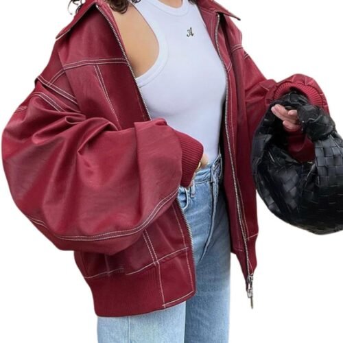Oversized Faux Leather Biker Jacket for Winter