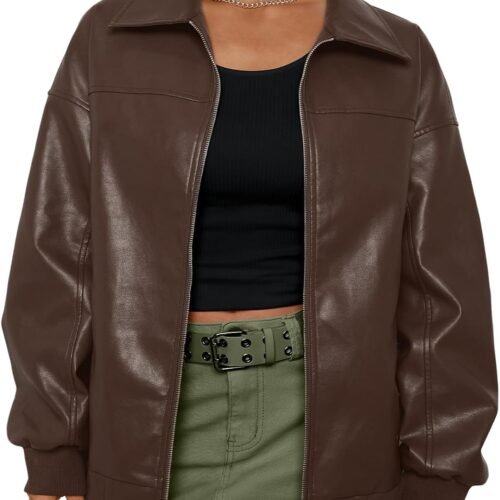 Oversized Faux Leather Biker Jacket with Zipper