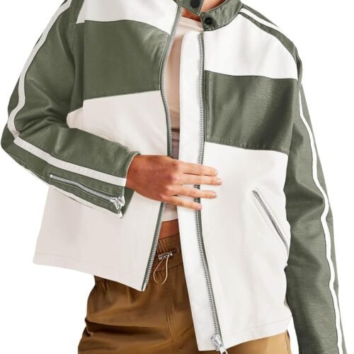 Casual Oversized Color-Block Faux Leather Biker Jacket