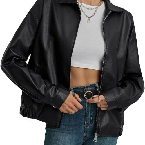 Stylish Long-Sleeve Faux Leather Biker Jacket