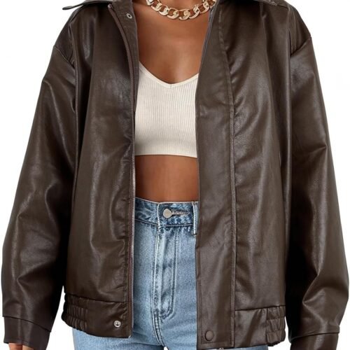 Stylish Oversized Faux Leather Biker Jacket with Suit Collar