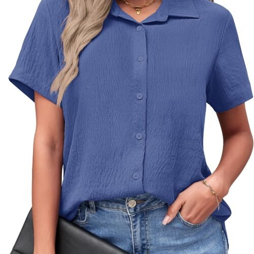 Loose-Fit V-Neck Longline Short-Sleeve Button-Down Shirt
