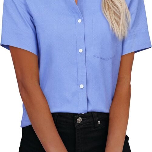 Short-Sleeve Oxford-Style V-Neck Shirt With Collar And Pocket