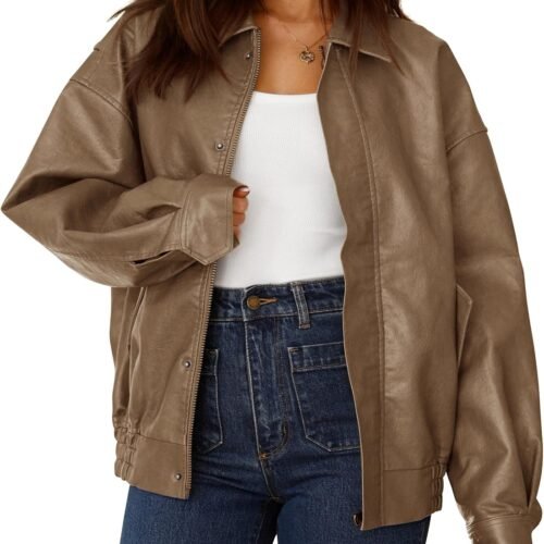 Oversized Faux Leather Biker Jacket with Zipper