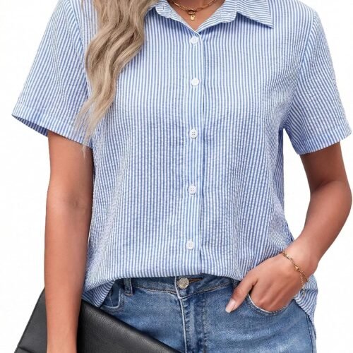 Loose-Fit Longline Short-Sleeve Business Shirt With Collar And V-Neck